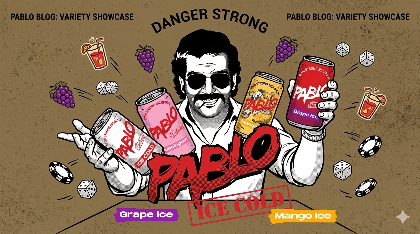 A dynamic, retro-comic illustration showcasing a man with a mustache and sunglasses, modeled after image_1.png, surrounded by a diverse array of the entire Pablo Nicotine Pouch range. In his right hand, he holds a can of PABLO Grape Ice (red label with purple, from image_0.png); in his left hand, he holds a can of PABLO Ice Cold. Cans of PABLO Exclusive Bubblegum (pink label, from image_2.png) and an illustrated PABLO Mango Ice are arranged around him. Floating icons of stylized grapes, fruit punch ingredients, dice, and casino chips decorate the sepia-toned textured background, matching image_1.png's style. The large red 'PABLO' graffiti logo is prominent below the character, with 'ICE COLD', 'Grape Ice', and 'Bubblegum' labels visually integrated. The centered header text reads 'PABLO BLOG: VARIETY SHOWCASE' and 'DANGER STRONG'. This image is highly optimized at under 400kb for fast loading in the UAE."